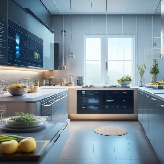 A futuristic kitchen interior with a large, sleek touchscreen display showcasing a vibrant, swirling mix of ingredients, utensils, and dishes, surrounded by wireframes and coding symbols.