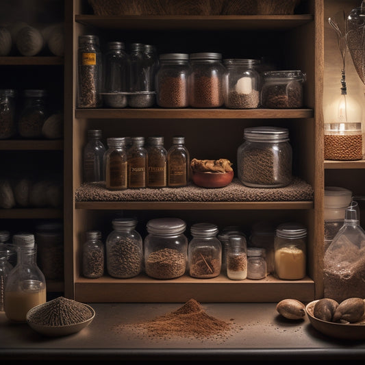 A dimly lit, cluttered pantry shelf overrun with various pantry pests, including plump brown cockroaches, slender silverfish, and tiny, beige-colored flour beetles, amidst scattered crumbs and spills.