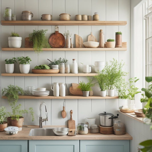A stylish kitchen featuring sleek, foldable wooden shelves adorned with potted herbs, colorful dishware, and rustic kitchen tools, all set against a bright, airy backdrop of white walls and natural light streaming in.