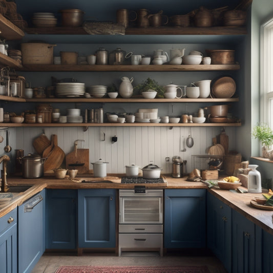 A cluttered kitchen with cabinets featuring narrow shelves, cramped corners, and wasted vertical space, contrasted with a few strategically placed utensils and cookbooks floating in empty space.