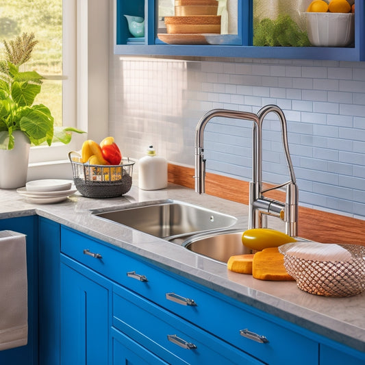 A sleek kitchen scene showcasing under-cabinet storage with a stylish sink caddy combo. The caddy holds vibrant dish soap, sponges, and scrubbers, complemented by polished wood cabinets and a sparkling stainless steel sink.