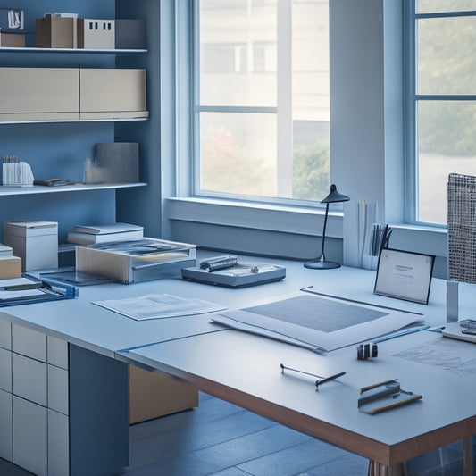 A minimalist, modern desk with a sleek, silver storage unit in the background, holding rolled-up blueprints, with a few scattered on the desk, surrounded by a few scattered drafting tools.
