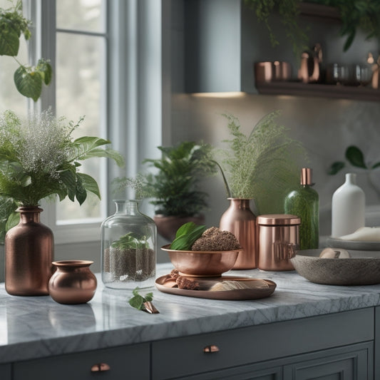 A luxurious kitchen featuring sleek marble countertops adorned with elegant glass jars, copper canisters, and stylish wooden trays, surrounded by lush greenery and soft, ambient lighting for a sophisticated atmosphere.