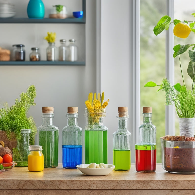 A colorful, minimalist kitchen counter with 5-7 glass containers in various sizes, filled with vibrant, prepared vegan meals, surrounded by a few fresh herbs and a small potted plant.