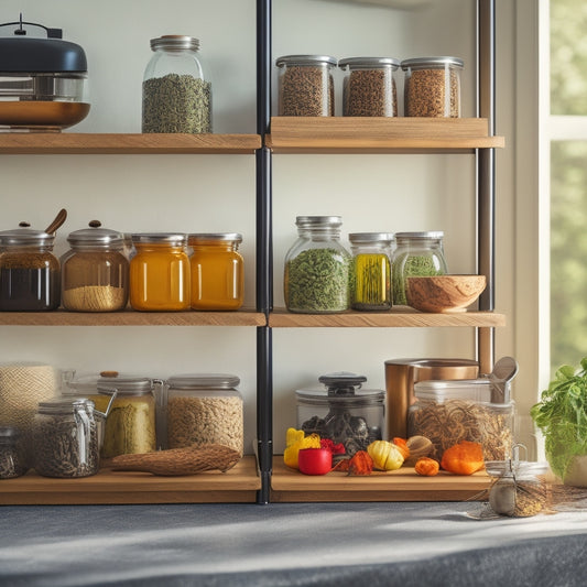 A stylish kitchen counter featuring a sleek, modern tiered rack made of wood and metal, displaying colorful spices, jars, and utensils. Soft sunlight streams in, highlighting the organized, clutter-free space.