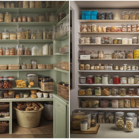 A split-screen image: a cluttered, expired pantry on the left, with open containers and moldy food; a tidy, organized pantry on the right, with sealed containers and a calendar on the wall.