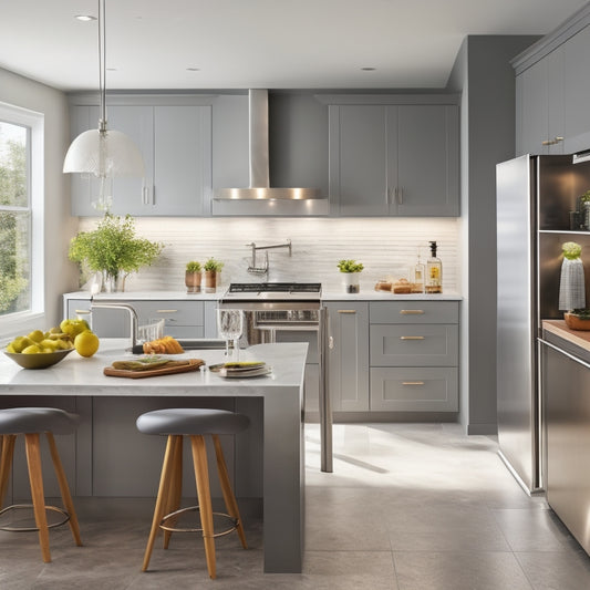 A bright, modern kitchen with sleek countertops, a stainless steel island, and a mix of open and closed storage units, showcasing a harmonious blend of functionality and aesthetics.