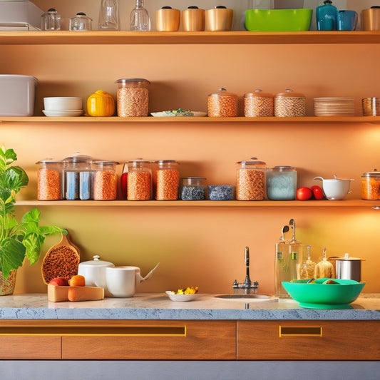 A modern kitchen scene featuring sleek, foldable shelves neatly tucked under a glossy cabinet. The shelves display colorful spices and elegant dishware, with warm lighting highlighting the organized space and enhancing the inviting atmosphere.