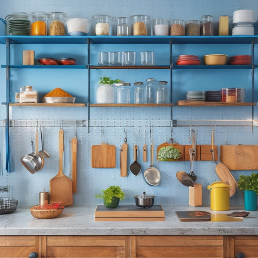 A tidy, modern kitchen with a single person's cooking essentials, featuring a pegboard with hung utensils, a spice rack on the side of a cabinet, and a compact, three-tiered shelf for cookbooks.
