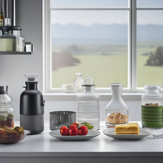 A minimalist kitchen countertop with a variety of colorful, portioned meals in glass containers, surrounded by a few strategically placed kitchen utensils and a subtle cityscape background.