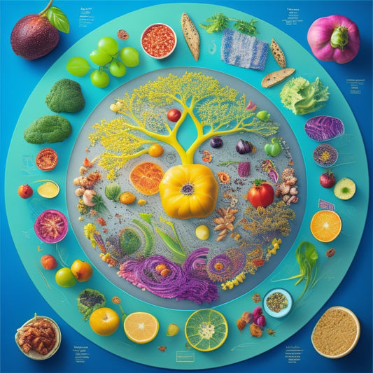 A vibrant, curved mind map with interconnected circles and branches, featuring illustrations of food, utensils, and kitchen tools, surrounded by bright, swirling patterns and subtle gradients.