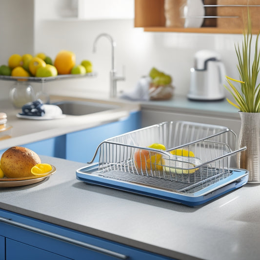 A compact, stylish dish drainer with a sleek design, placed on a small kitchen countertop. Surrounding it, vibrant dishware and utensils, with soft natural light illuminating the space and reflecting off stainless steel accents.