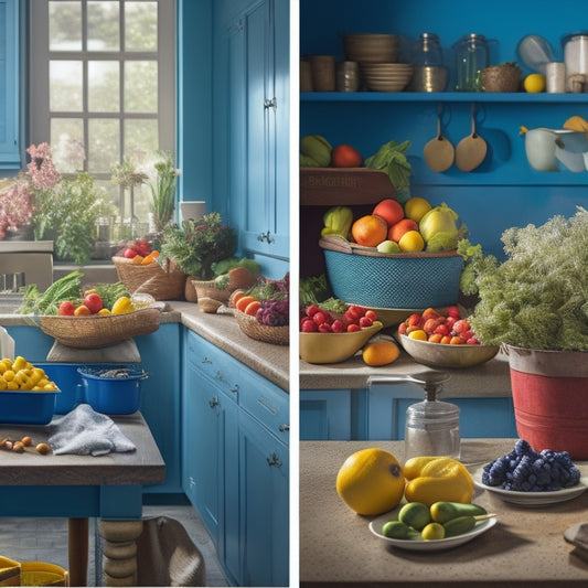 A split-screen composition featuring a cluttered kitchen counter with wilted vegetables and a tidy kitchen counter with crisp, vibrant fruits and vegetables stored in creative, space-saving containers and baskets.