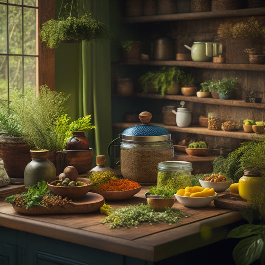 A cozy kitchen corner featuring a wooden Lazy Susan filled with colorful spices, jars of sauces, and neatly organized utensils, surrounded by lush green plants and warm, inviting lighting.