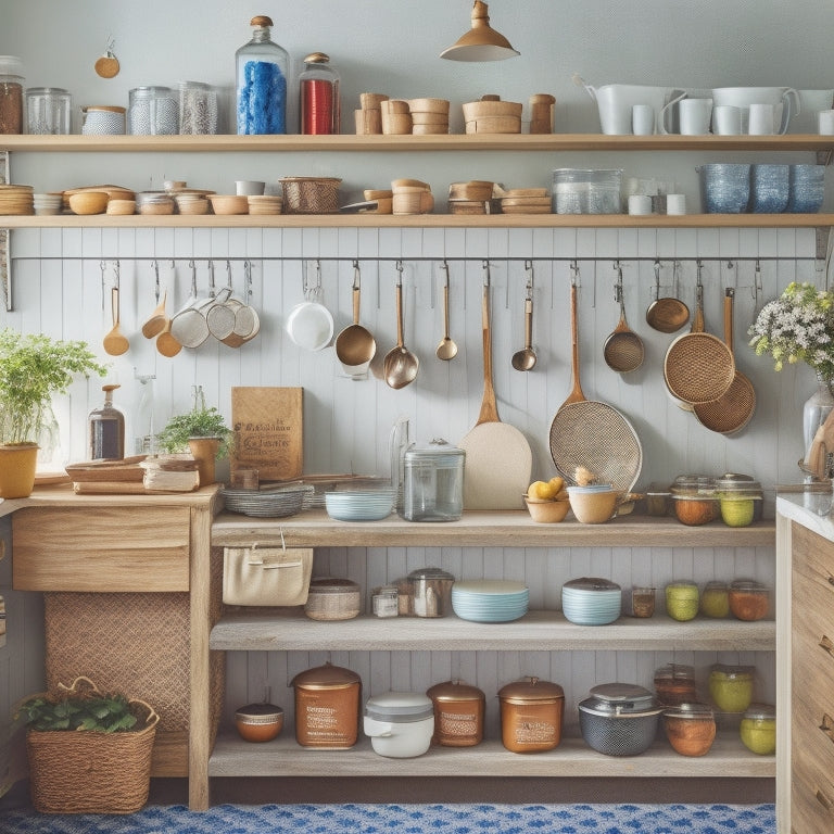 A tidy kitchen with open cabinets revealing stacked, labeled jars and baskets, a utensil organizer on the counter, and a pegboard with hanging pots and pans, all in a bright, airy space.