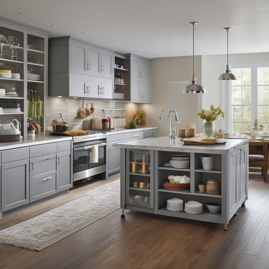 A modern kitchen with a central island featuring a sleek, silver kitchen cart with storage drawers, a built-in wine rack, and a butcher-block countertop, surrounded by appliances and utensils.