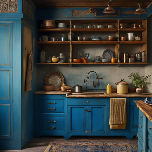 A warmly lit, rustic kitchen with a partially assembled Antique Blue Pantry cabinet, adorned with ornate metal hardware, standing against a distressed, cream-colored wall, surrounded by scattered kitchen utensils.