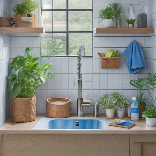 A compact kitchen sink area with a stylish bamboo caddy, neatly arranged sponges, dish soap bottles, and utensils, surrounded by gleaming tiles and a small potted herb plant for a vibrant touch.