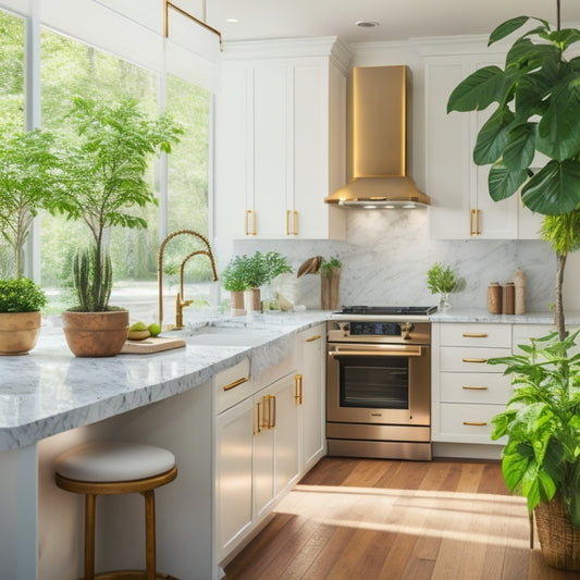 A modern kitchen with sleek, white cabinets, warm wooden accents, and a stunning marble island, surrounded by lush greenery and soft, golden lighting, with a few strategically placed, sleek gadgets.