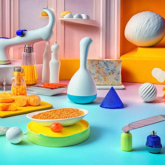 A futuristic, sleek white kitchen counter with a 3D printer in the center, surrounded by vibrant, artistically arranged cheese creations in various shapes, colors, and textures, with gleaming stainless steel utensils.