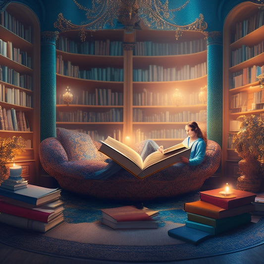 A whimsical illustration of a person sitting in a cozy, overflowing library, surrounded by floating books and scrolls, with a subtle glow emanating from the pages, symbolizing endless reading possibilities.