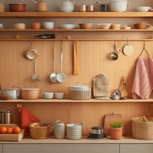 A tidy kitchen with a custom-built storage unit featuring wooden slats, hooks, and a pegboard, holding various pots, pans, utensils, and a tea towel, against a warm beige background.