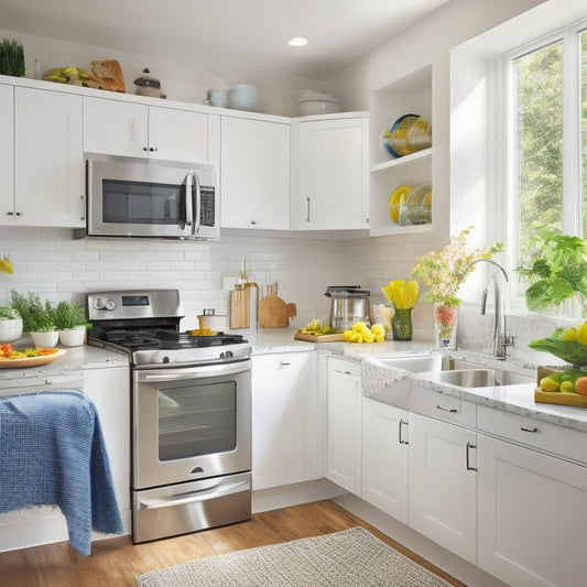 A bright, modern small kitchen with sleek white cabinets, stainless steel appliances, and a large window letting in natural light, with a few colorful cookbooks and kitchen gadgets on the countertops.