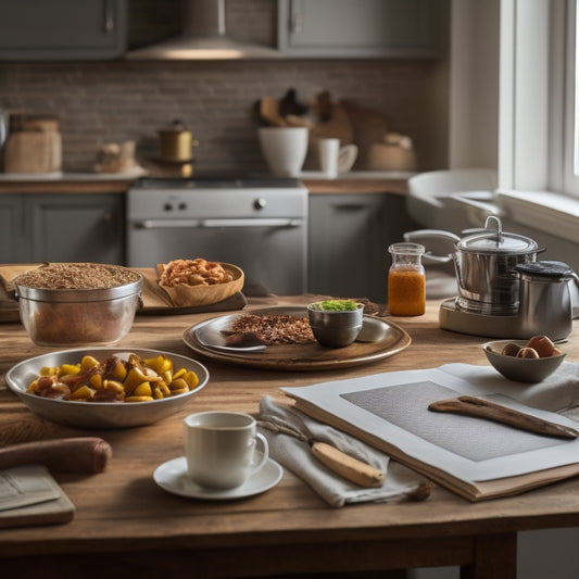 A warm and inviting kitchen scene with a cluttered recipe binder, scattered loose pages, and a laptop open to a digital recipe organization platform, surrounded by mixing bowls and utensils.
