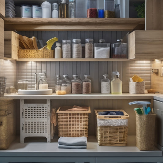 A neatly organized under-sink area featuring wooden crates, stackable baskets, and clear containers, surrounded by cleaning supplies and dish soap, all illuminated by soft, warm lighting, creating a serene and functional storage space.