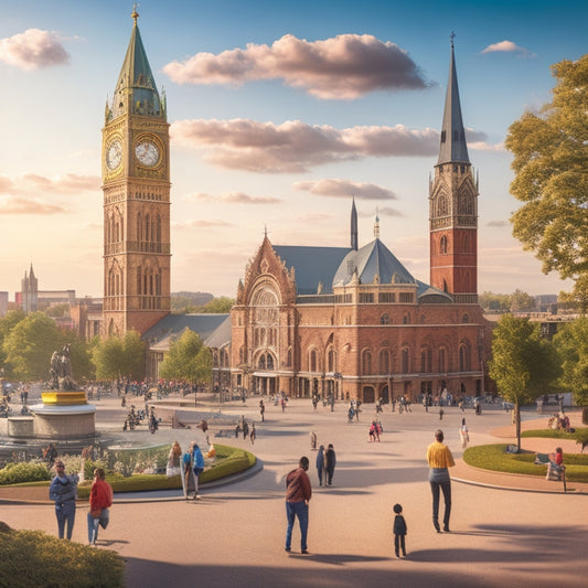 An illustration featuring the Worcester cityscape, with iconic landmarks like the Union Station Clock Tower and Worcester Art Museum, surrounded by vibrant community scenes, including people of diverse ages and abilities engaging in outdoor activities.