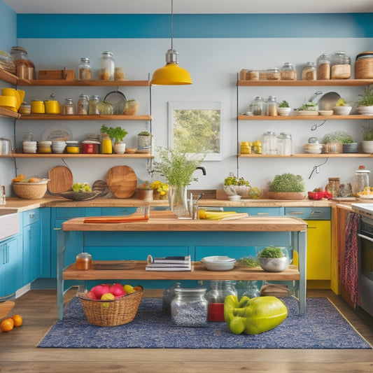A bright, modern kitchen with a large, wooden island in the center, surrounded by organized jars, utensils, and cookbooks, with a laptop and colorful printouts of kitchen templates scattered on the countertop.