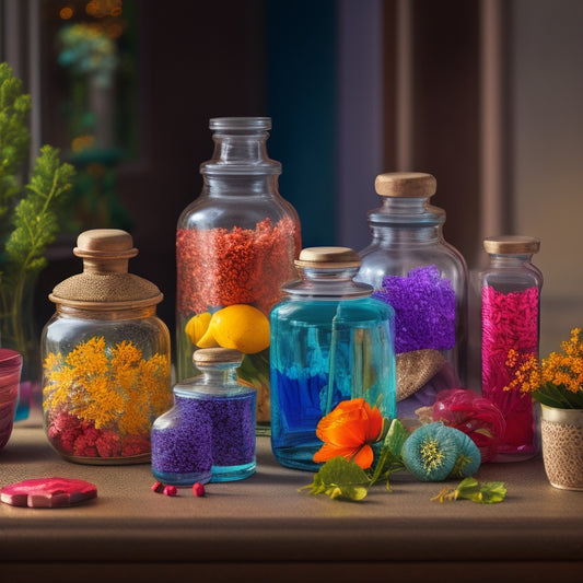 A colorful, artistic arrangement of 5-7 unique glass jars with various shapes, sizes, and neck styles, surrounded by design elements like ribbons, flowers, and decorative stones.