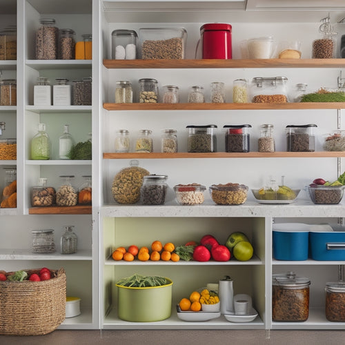 A bright, organized kitchen featuring a corner cabinet with a glossy lazy Susan. Display various labeled containers for spices, snacks, and utensils, surrounded by fresh herbs and vibrant fruits, all beautifully arranged.