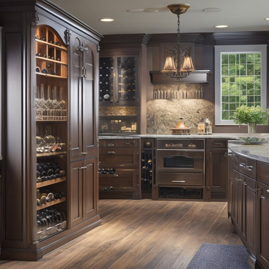 A warm, well-lit kitchen with rich wood accents, featuring a floor-to-ceiling wine rack with glass doors, a built-in wine cooler, and a countertop wine glass storage carousel.