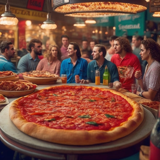 A vibrant scene depicting a bustling pizzeria, with a long wooden table laden with an assortment of Carmines' signature pizzas, surrounded by friends engaged in joyful ice cream eating challenges.