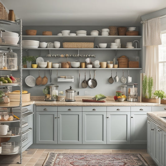 A clutter-free kitchen with a corner cabinet featuring a pull-out carousel, a lazy Susan, and a tiered shelving system, with a few cookbooks, utensils, and decorative items neatly organized and displayed.