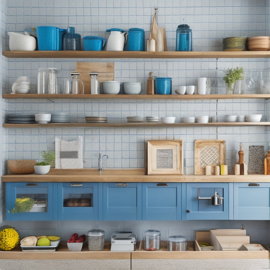 A bright, modern kitchen with a mix of open shelving, sleek cabinets, and a pegboard on a wall, showcasing various storage containers, utensils, and kitchen gadgets, with a few cookbooks stacked neatly.