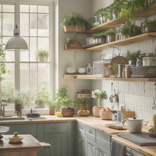 A clutter-free kitchen with a organized island, a pegboard with hanging utensils, and a few cookbooks on a built-in shelf, surrounded by natural light and a few green plants.