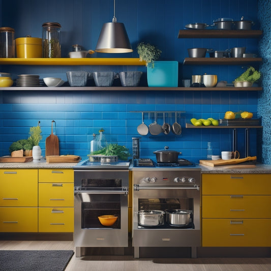 A sleek kitchen with a pull-out cabinet featuring neatly organized cookware including pots, pans, and lids, all arranged in vibrant colors, illuminated by warm light, showcasing a modern, functional design.
