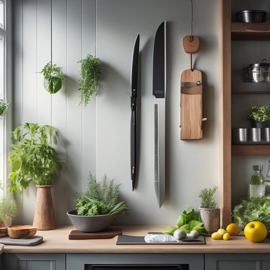 A sleek kitchen wall with a modern magnetic knife holder displaying a variety of knives, surrounded by fresh herbs, wooden cutting boards, and a bright window casting soft light, creating a functional and stylish atmosphere.