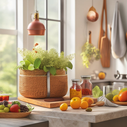 A stylish kitchen countertop featuring a wooden tiered organizer with colorful spices in glass jars, a sleek knife block, a hanging fruit basket, and neatly arranged utensils in a ceramic holder, all bathed in warm, natural light.