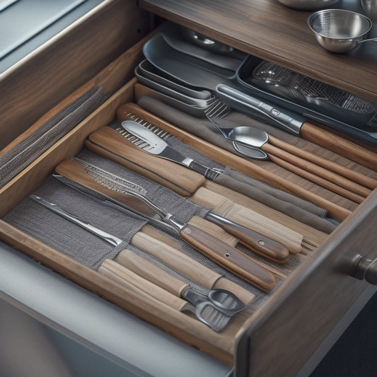 A tidy, well-lit utensil drawer with wooden dividers, containing neatly arranged rows of stainless steel utensils, a small ceramic container holding kitchen shears, and a woven placemat at the bottom.