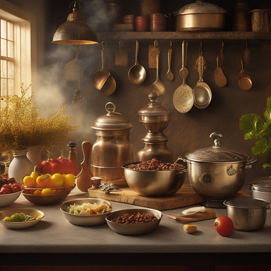 A warm, golden-lit kitchen scene with a chef's island at center, adorned with various utensils, ingredients, and cookbooks, surrounded by wispy steam and tantalizing aromas, evoking a sense of culinary mastery.
