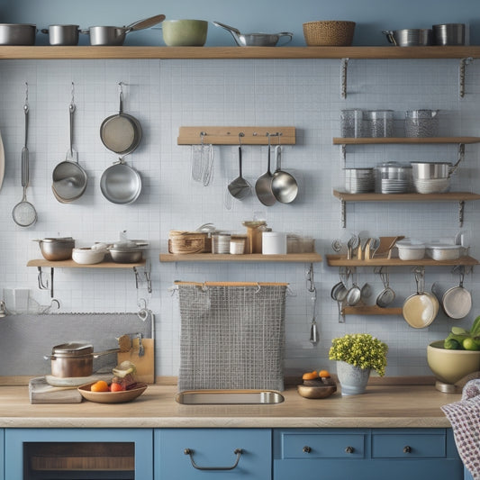 A tidy kitchen with a few strategically-placed baskets, a utensil organizer on the counter, and a pegboard on the wall, with a few pots and pans hanging from hooks.