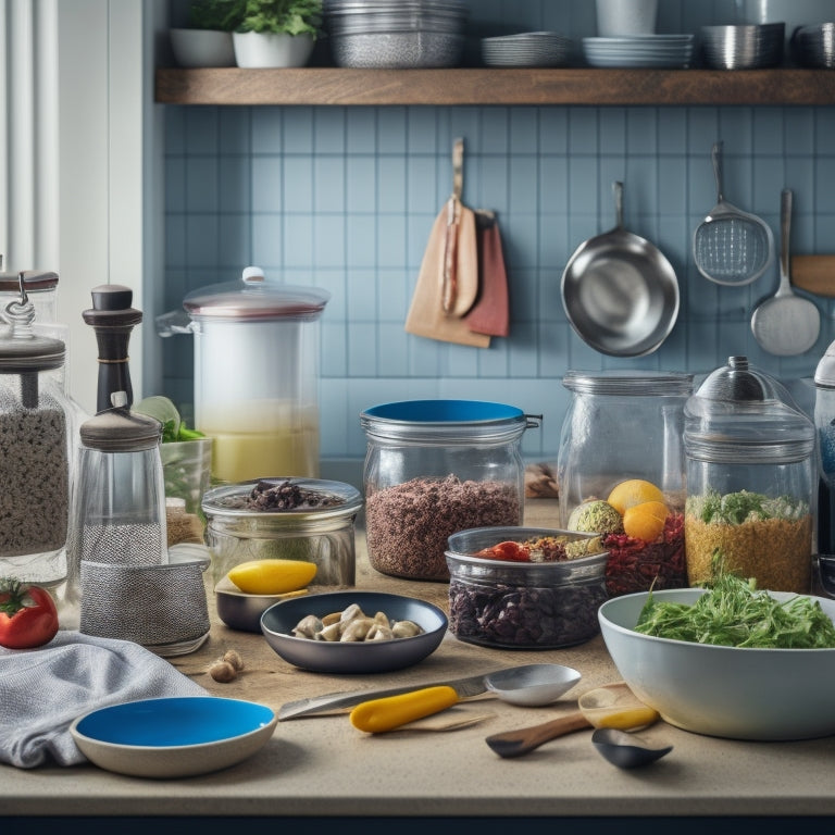 A cluttered kitchen countertop with mismatched containers, overflowing with utensils and ingredients, next to a tidy kitchen countertop with organized, matching containers and a few strategically placed utensils.