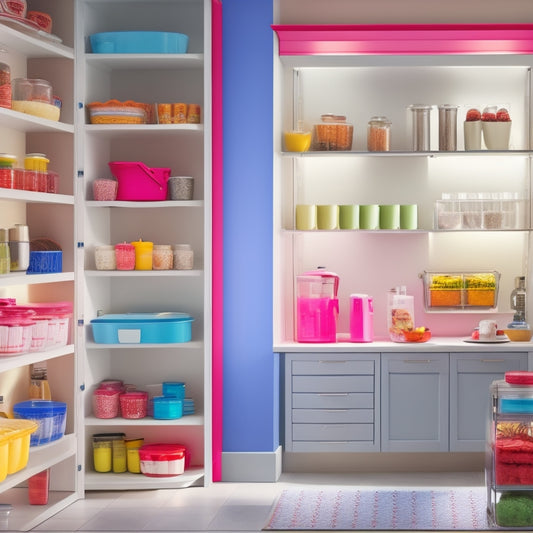 A modern kitchen featuring pull-out cabinet shelves filled with neatly arranged baking supplies: flour, sugar, colorful sprinkles, silicone molds, and measuring cups, all illuminated by warm, natural light.