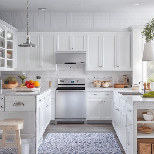 A bright, modern kitchen with sleek white cabinets, stainless steel appliances, and a large island in the center, featuring a pegboard with hanging utensils and a built-in knife block.