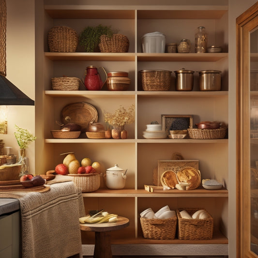 A warmly lit kitchen with built-in shelves and drawers, showcasing a cleverly organized cookbook collection, with some stacked horizontally, others standing upright, and a few nestled in woven baskets.