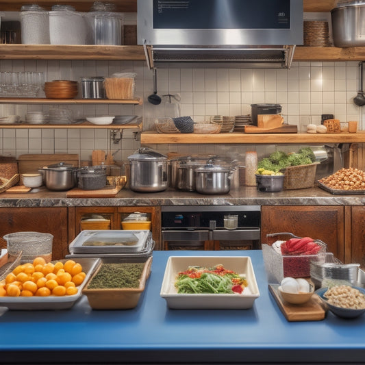 A cluttered restaurant kitchen with overflowing shelves and scattered ingredients, contrasted with a tidy and organized kitchen in the background, with a digital tablet displaying a neat inventory management dashboard.
