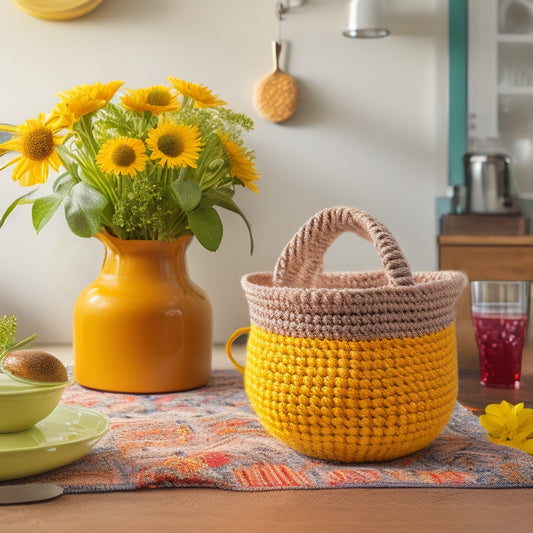 A colorful, styled kitchen countertop with a few rolled oats, a small vase with fresh flowers, and a crocheted storage bag in a bright, cheerful yellow, holding a few kitchen utensils.